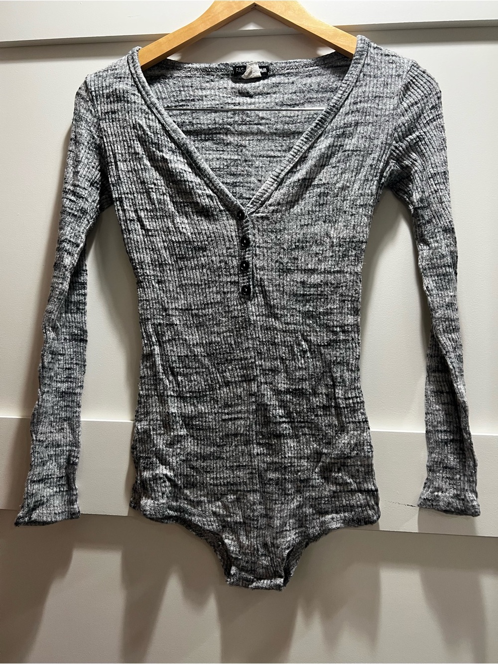 FashionNova Ribbed Henley Long Sleeve Bodysuit - Gray/Black